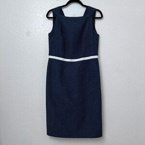 David Meister Sleeveless Dress Size 12 Navy Blue White Polka Dot Lined Classic